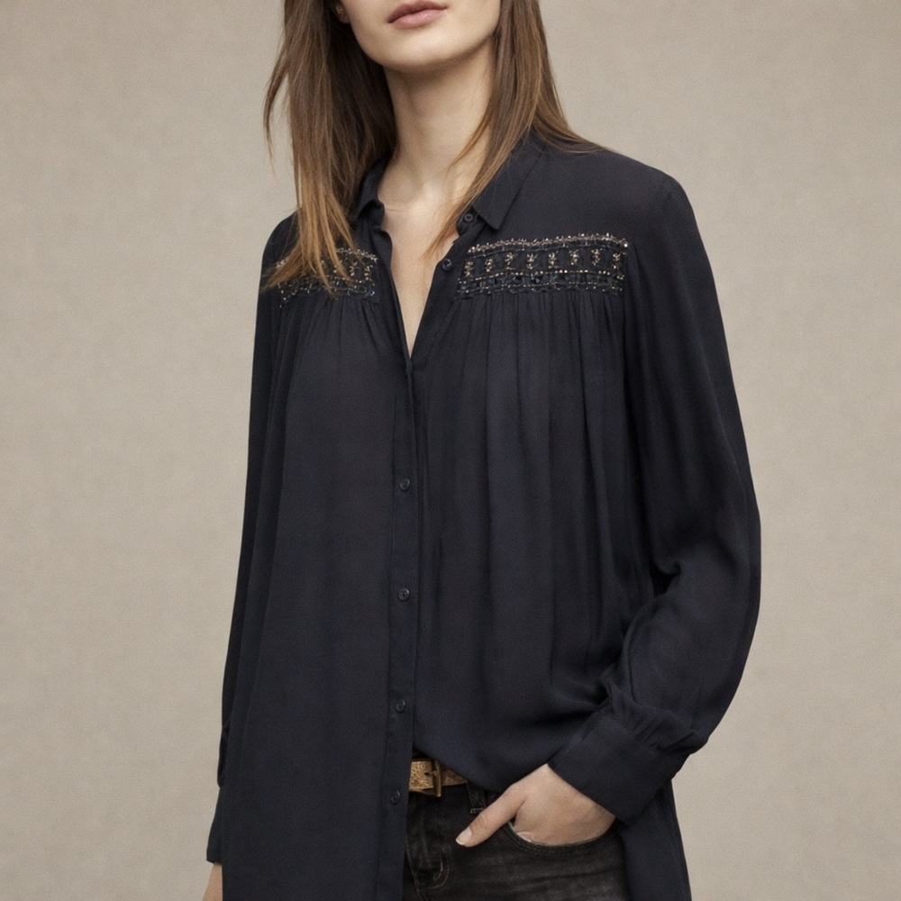 Anthropologie Floreat Beaded Tunic Blouse Blue Gray Gauze Beaded Boho Top S